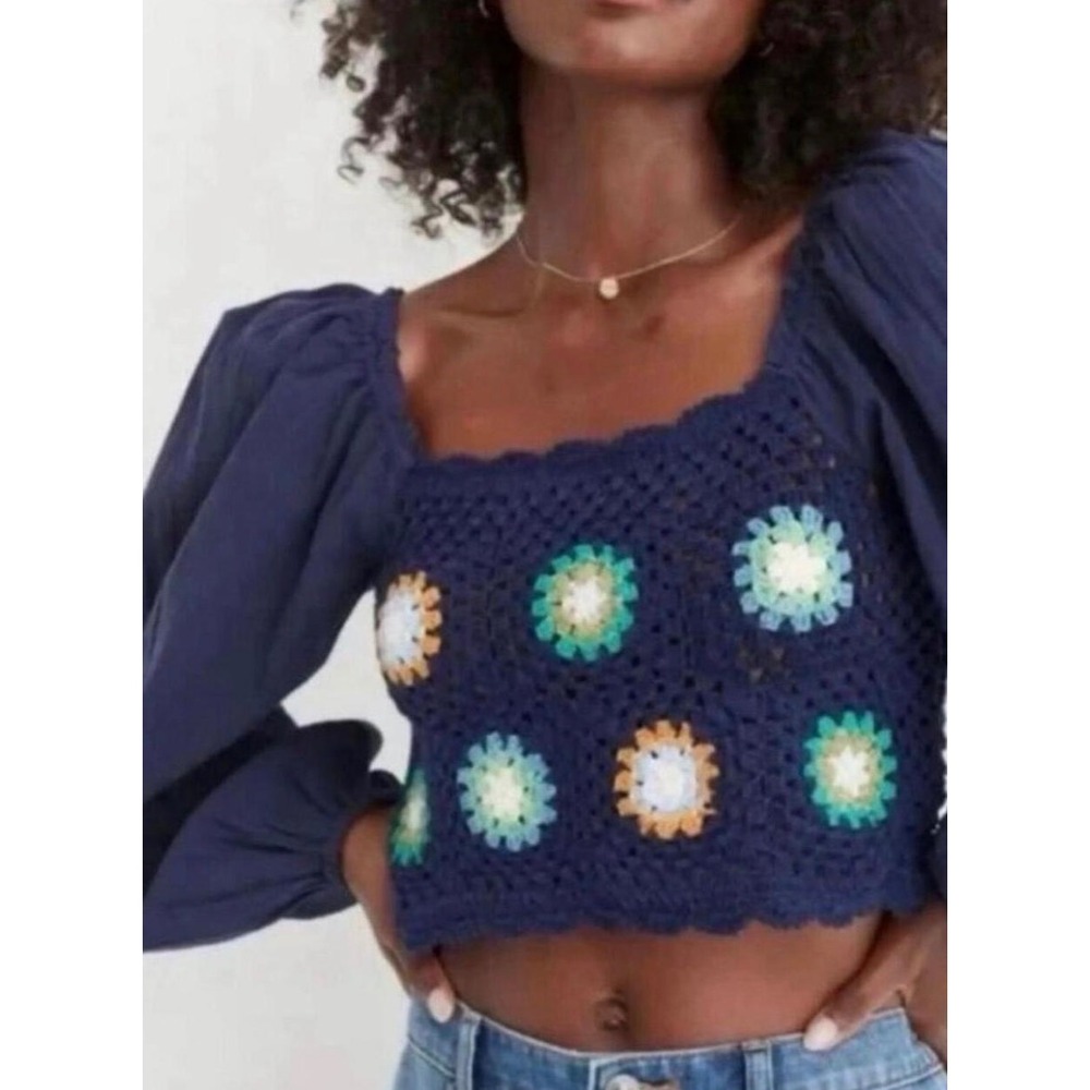 Aerie Crochet Vaca Top in Navy Blue Size Small